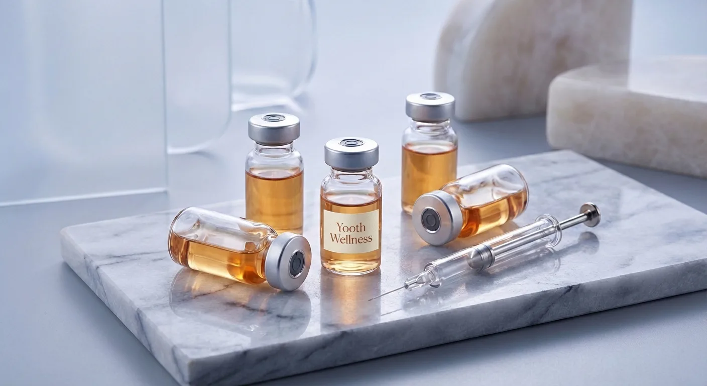 Glass peptide vials with precision syringe on marble surface